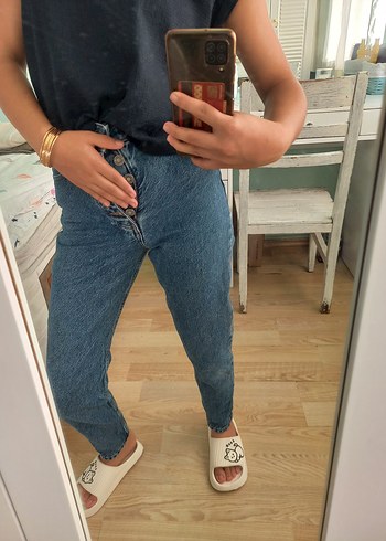 Düğmeli Mavi Boyfrend Kadın Kot Pantolon - Görsel 7