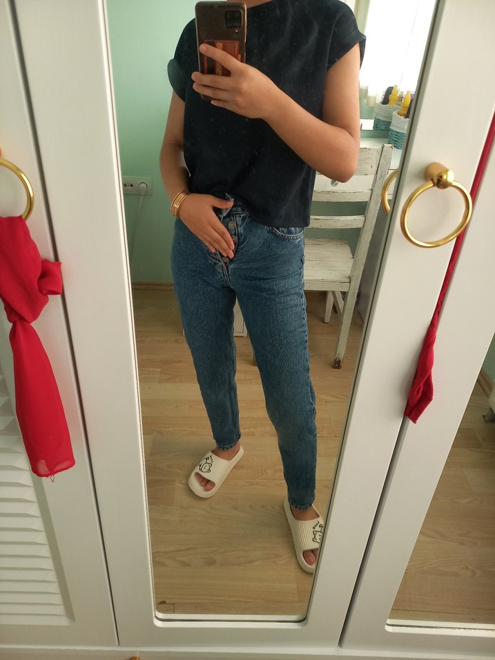 Düğmeli Mavi Boyfrend Kadın Kot Pantolon - Görsel 5