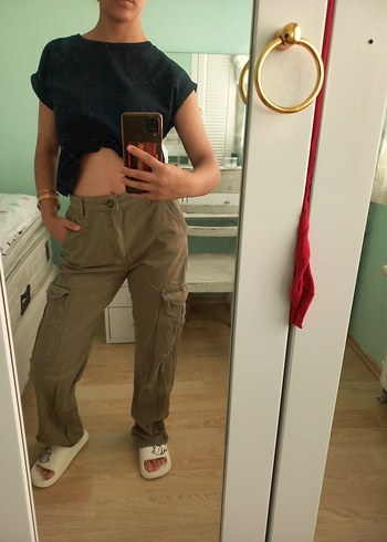 Kadın Bol Kesim Haki Kot Pantolon - Görsel 7