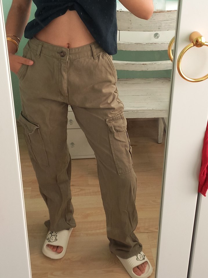 Kadın Bol Kesim Haki Kot Pantolon - Görsel 2