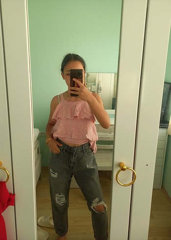 Gri Yırtıklı Bol Kesim Kadın Kot Pantolon - Görsel 5