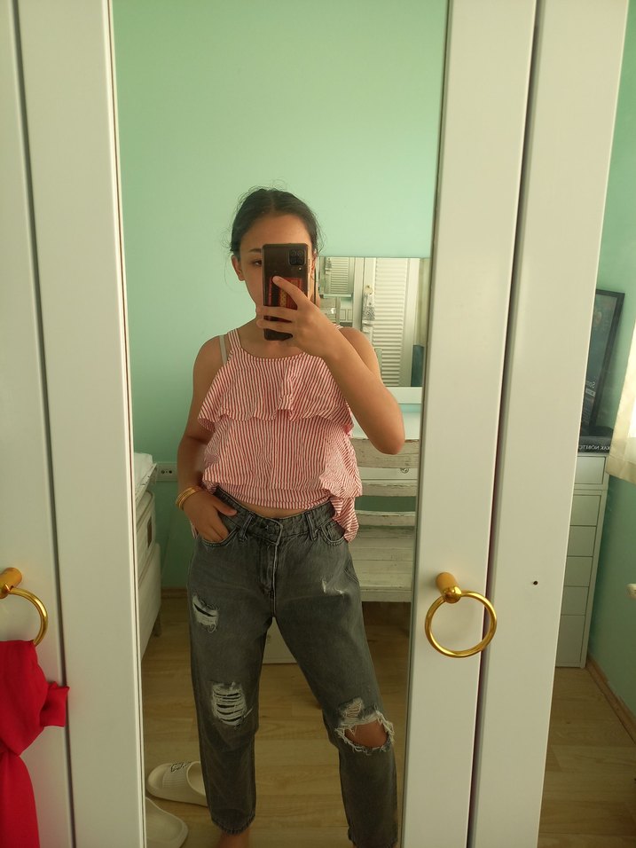 Gri Yırtıklı Bol Kesim Kadın Kot Pantolon - Görsel 5