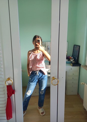 Kadın Mavi Yırtık Detaylı Boyfrend Kot Pantolon - Görsel 6