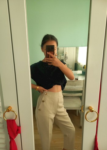 Düğmeli Bej Kadın Kumaş Pantolon - Görsel 5