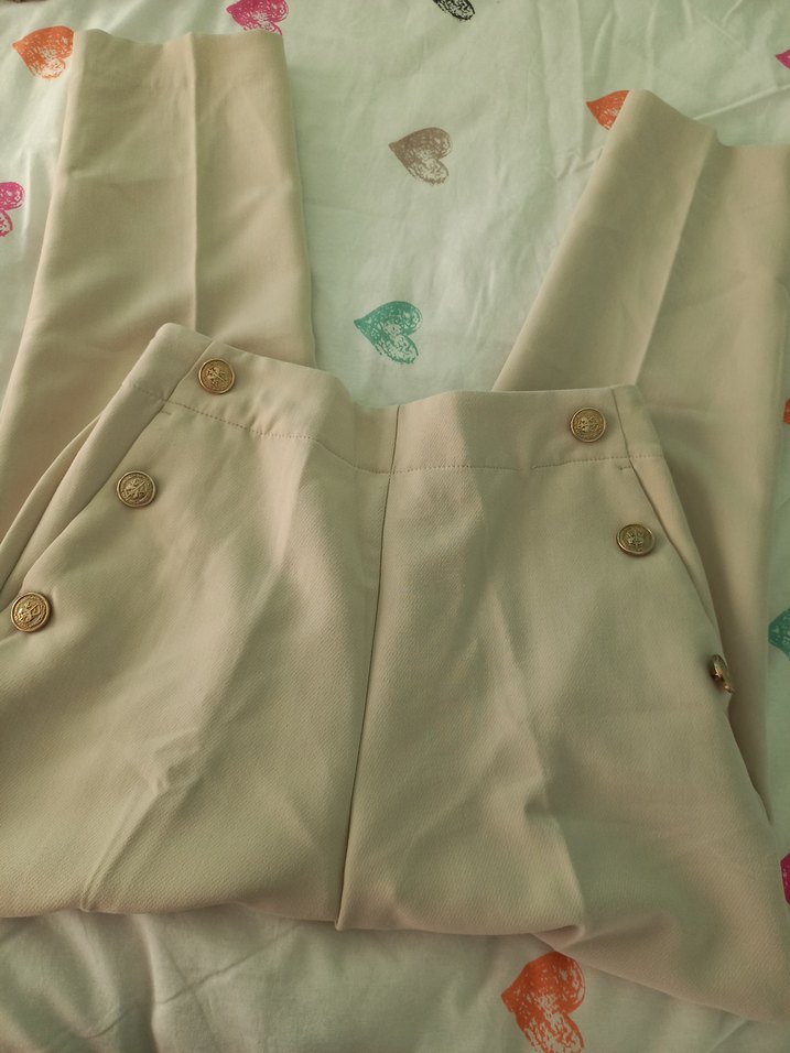 Düğmeli Bej Kadın Kumaş Pantolon - Görsel 2