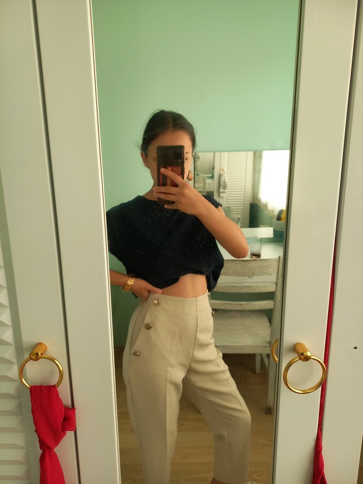 Düğmeli Bej Kadın Kumaş Pantolon - Görsel 5