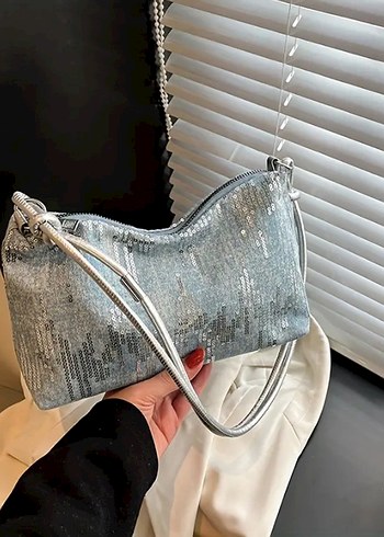 Zara Gri Payetli Kot Kumaş Kadın Çanta
