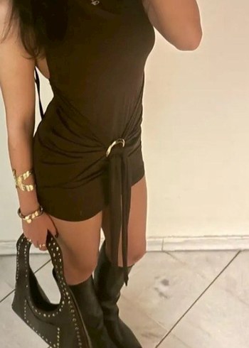 Siyah Deri Mini Halter Yılan Desenli Elbise