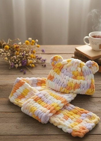 Çok Renkli Bebek Bere ve Atkı Seti - Görsel 3