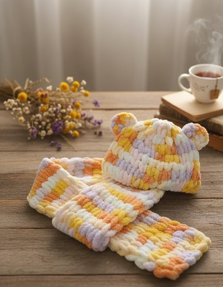 Çok Renkli Bebek Bere ve Atkı Seti - Görsel 3