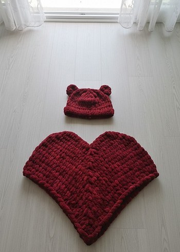 Bordo Örgü Çocuk Bere ve Panço Seti - Görsel 2