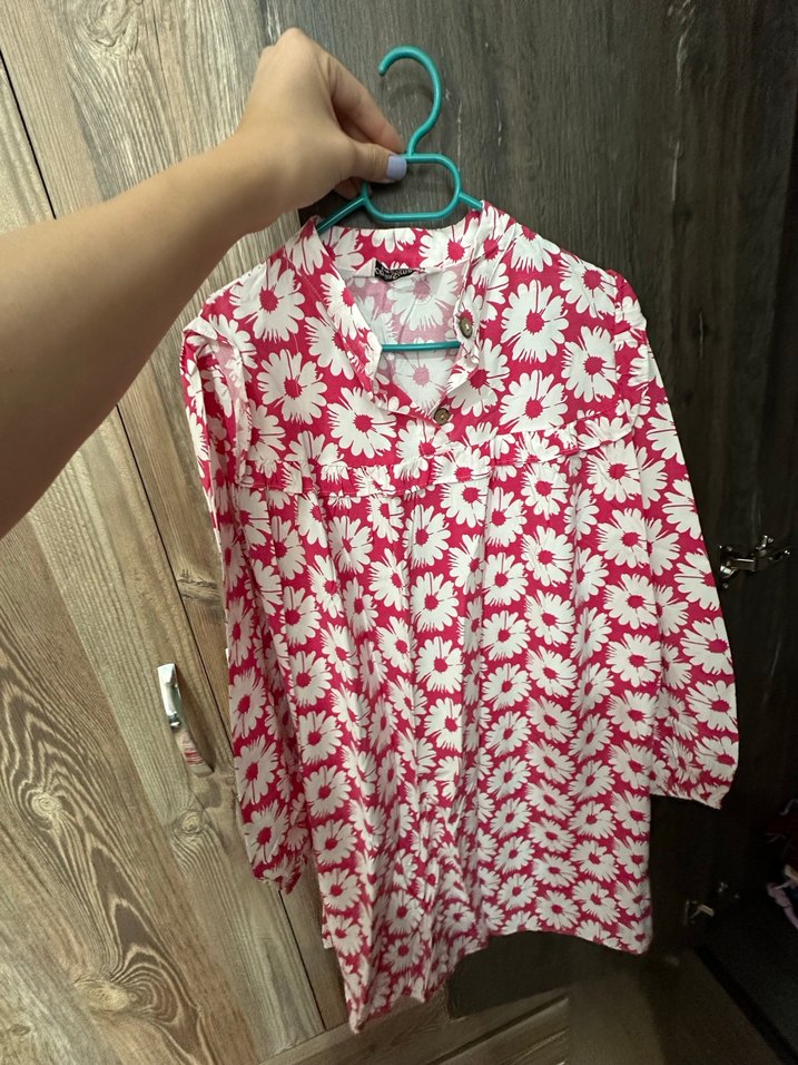 Pembe Çiçek Desenli V Yaka Uzun Kollu Gömlek - Görsel 2