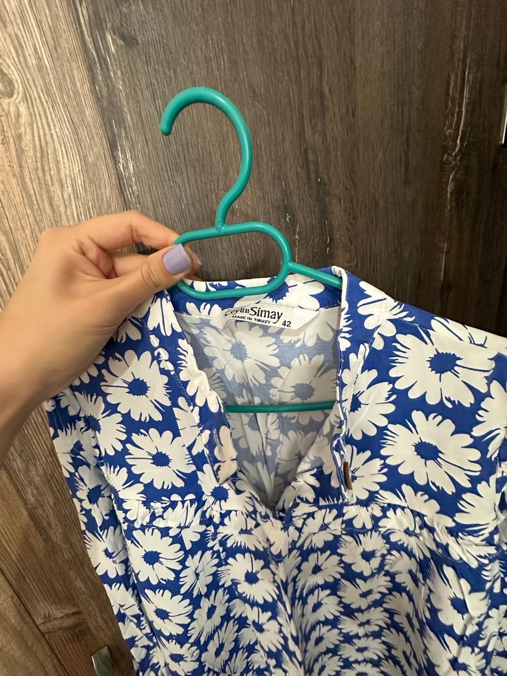 Uzun Kollu Mavi Çiçek Desenli Bohem Gömlek - Görsel 2