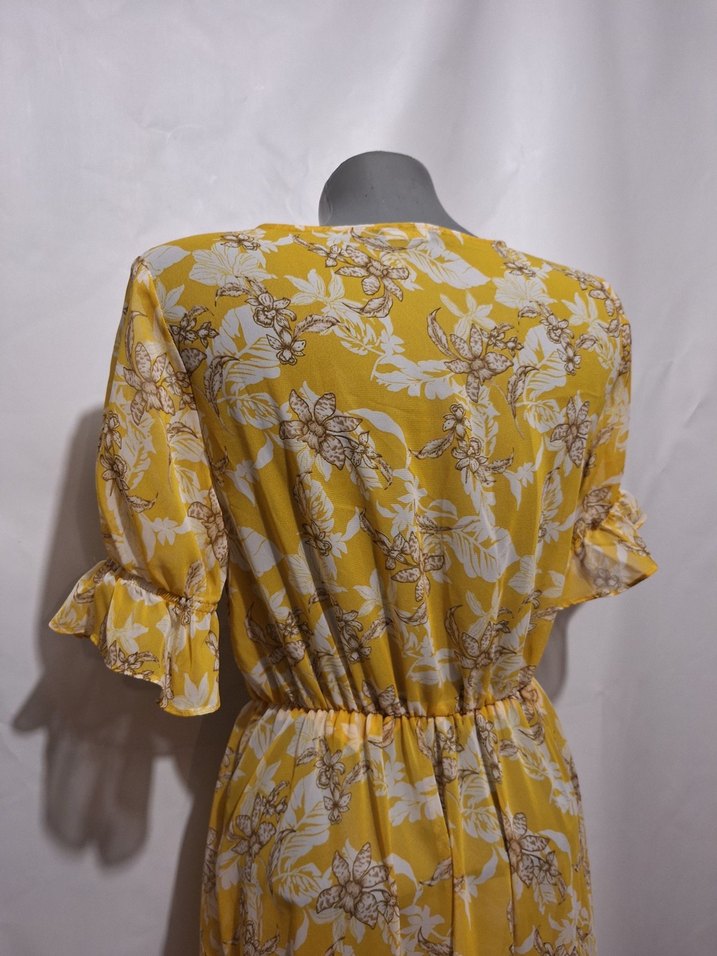 Sarı Bohem Uzun Elbise, Düğmeli, V Yaka - Görsel 4