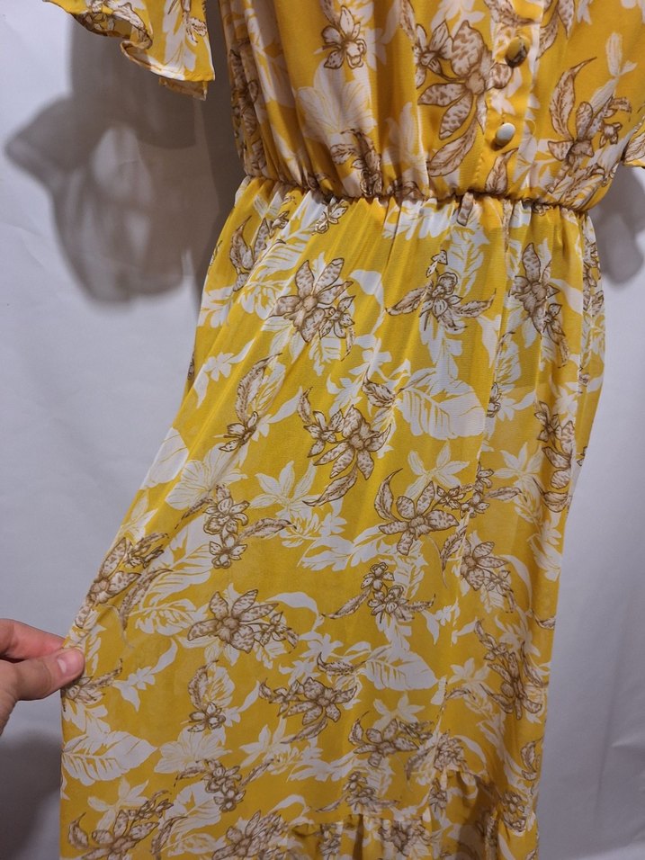 Sarı Bohem Uzun Elbise, Düğmeli, V Yaka - Görsel 2