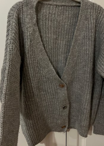 Gri Triko Kadın Hırka, Uzun Kollu, Salaş Kesim - Görsel 2