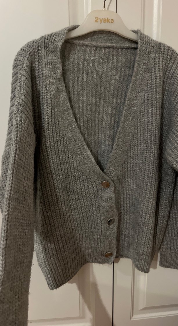 Gri Triko Kadın Hırka, Uzun Kollu, Salaş Kesim - Görsel 2