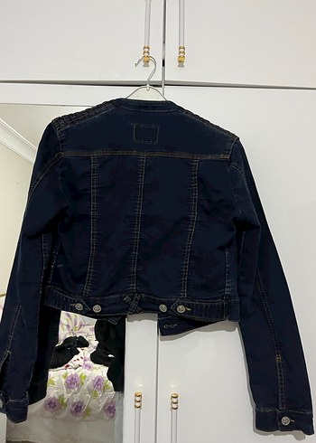 Düğmeli Koyu Mavi Kadın Denim Ceket - Görsel 3