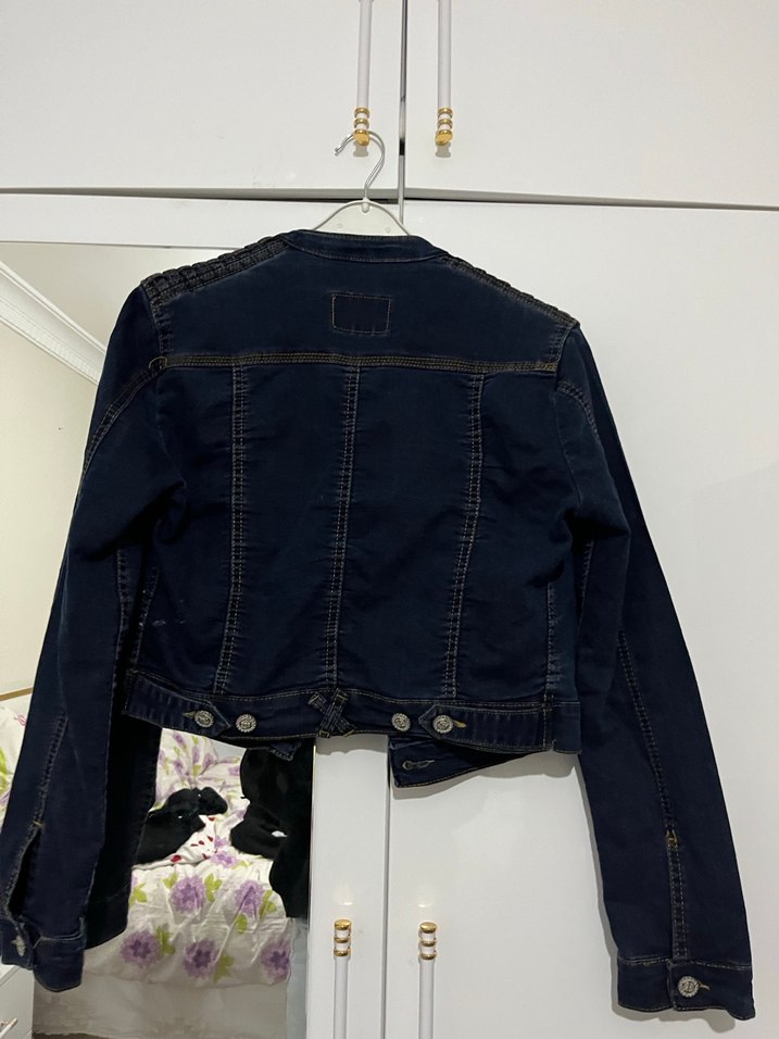 Düğmeli Koyu Mavi Kadın Denim Ceket - Görsel 3