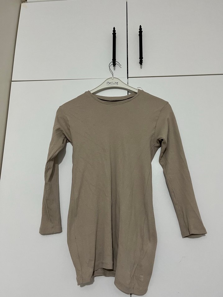 Bej Kadın Keten Uzun Kollu Basic badi - Görsel 2