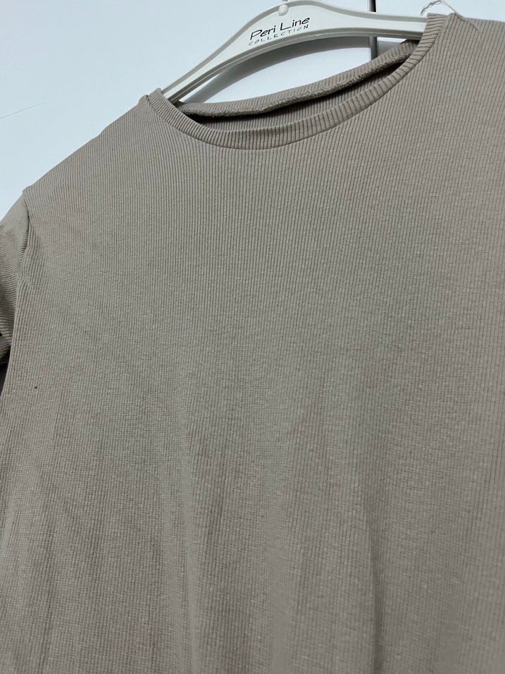 Bej Kadın Keten Uzun Kollu Basic badi - Görsel 3