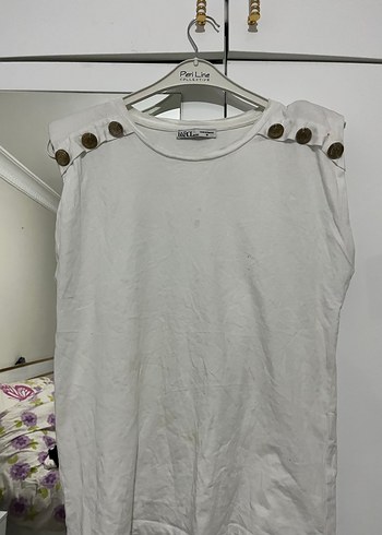 Kadın Beyaz Kısa Kollu Keten tişört vatkalı - Görsel 3