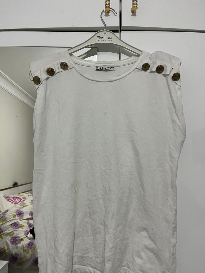 Kadın Beyaz Kısa Kollu Keten tişört vatkalı - Görsel 3