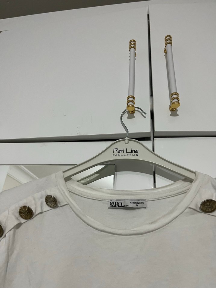 Kadın Beyaz Kısa Kollu Keten tişört vatkalı - Görsel 2