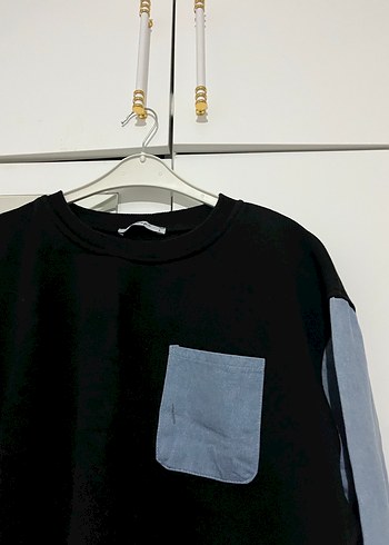 Siyah Gri Kadın Denim Sweatshirt - Görsel 2