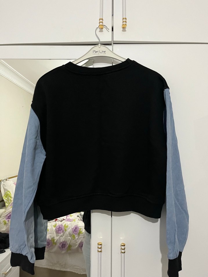 Siyah Gri Kadın Denim Sweatshirt - Görsel 3