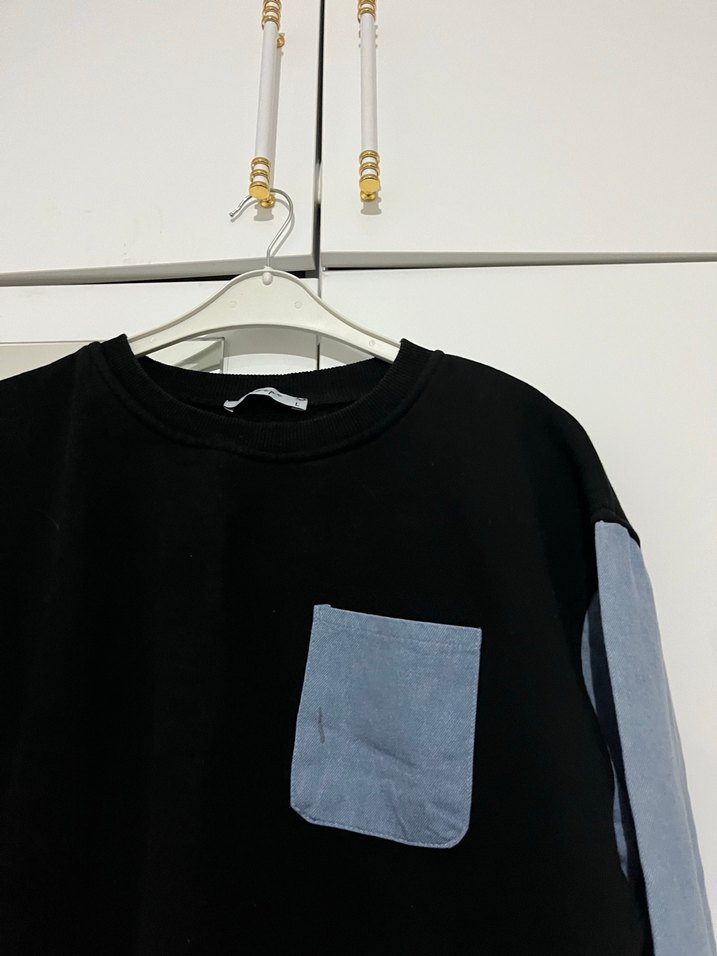 Siyah Gri Kadın Denim Sweatshirt - Görsel 2