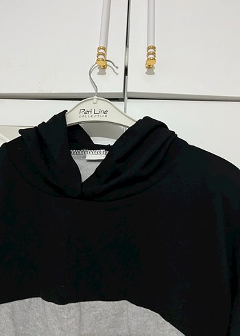 Gri Siyah Renkli Kapüşonlu Kadın Sweatshirt - Görsel 5