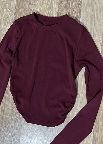 Bordo Uzun Kollu Belden Büzgülü Crop - Görsel 2