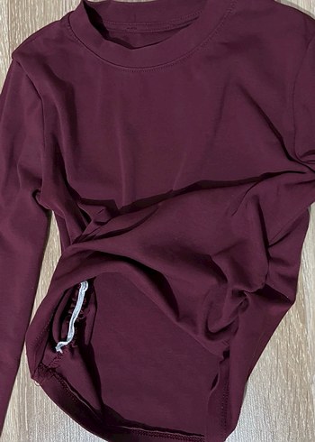 Bordo Uzun Kollu Belden Büzgülü Crop - Görsel 3