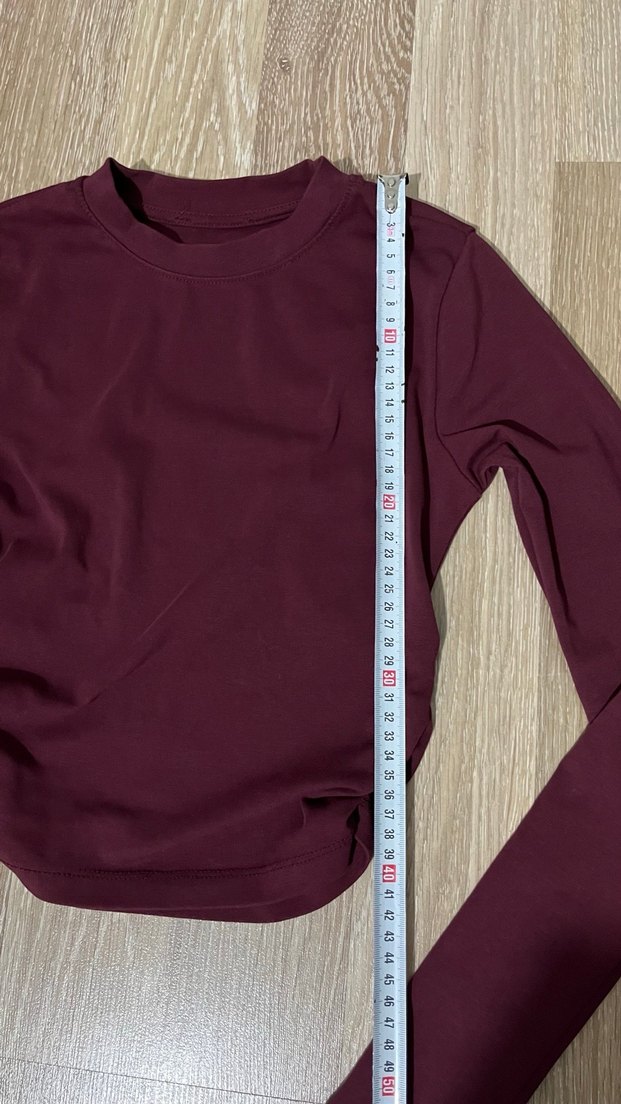 Bordo Uzun Kollu Belden Büzgülü Crop - Görsel 4