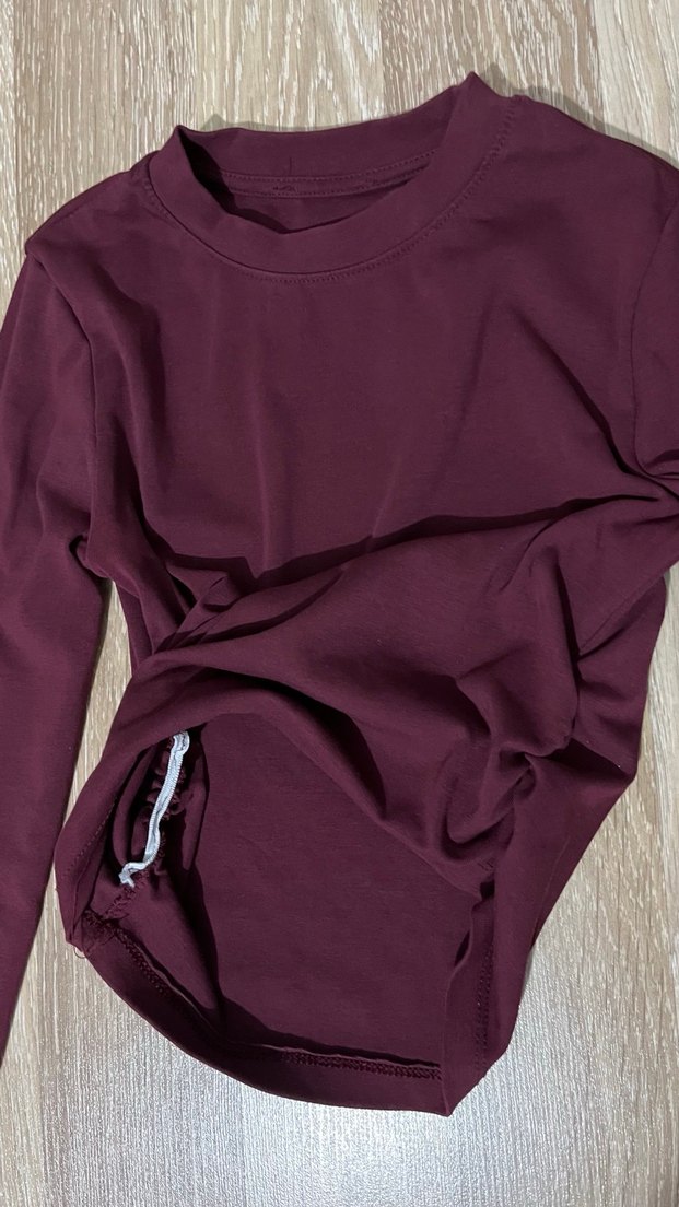 Bordo Uzun Kollu Belden Büzgülü Crop - Görsel 3