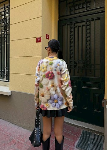 Diğer Çiçek Desenli Triko Oversize Kadın Kazak
