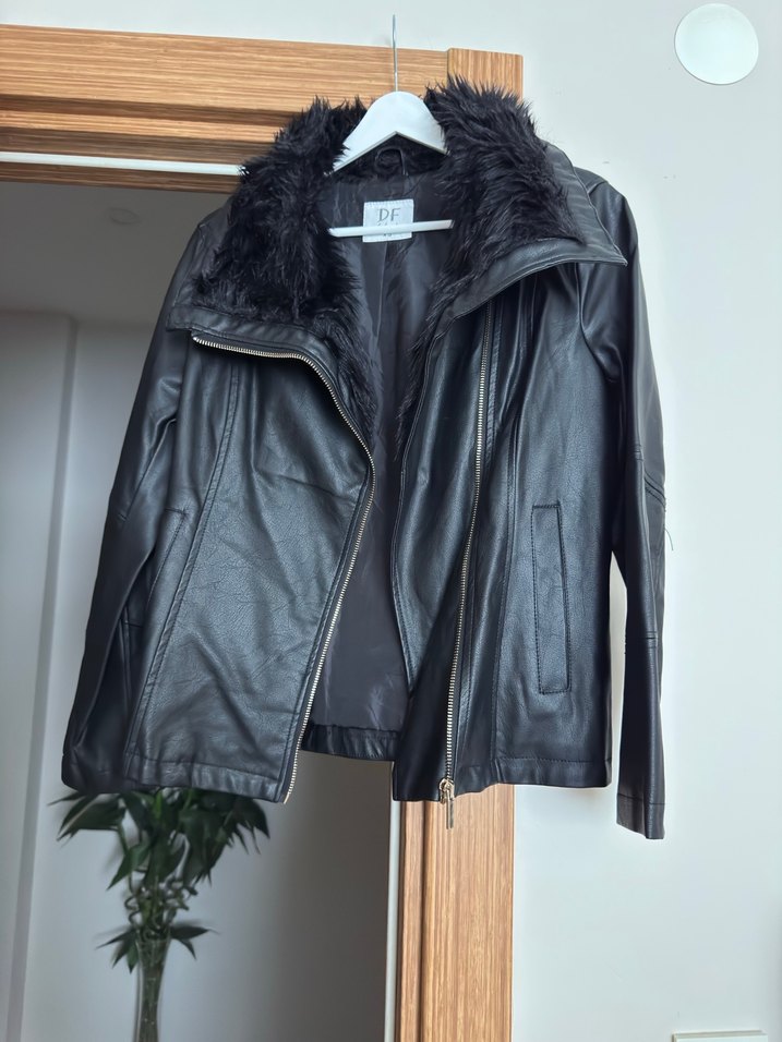 Siyah Kürklü Deri Kadın Ceket - Görsel 2