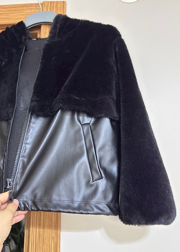 Kürklü Siyah Deri Kapüşonlu Kadın Ceket - Görsel 4