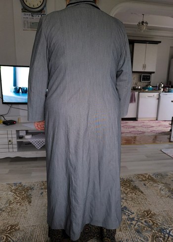 Düğmeli Gri Keten Kadın Uzun Kaban - Görsel 2