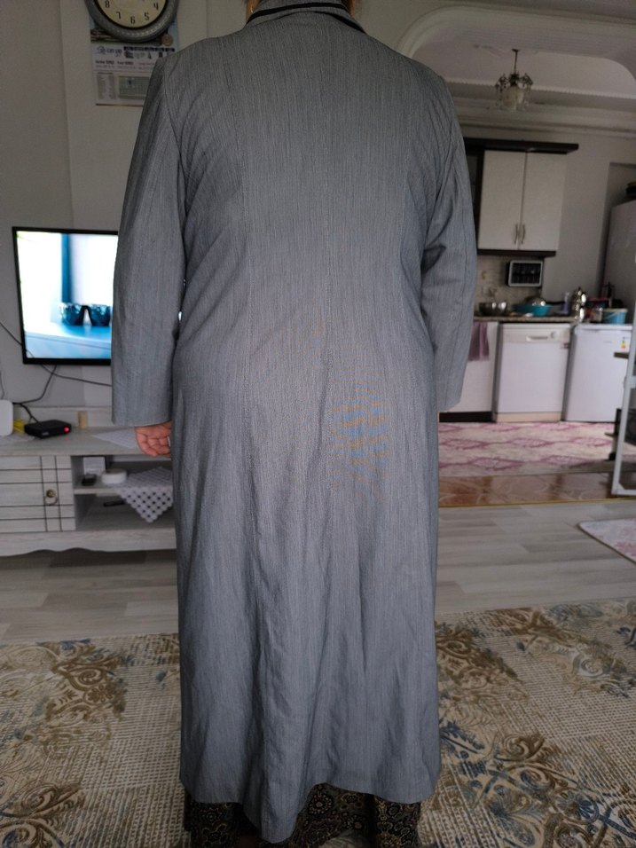 Düğmeli Gri Keten Kadın Uzun Kaban - Görsel 2