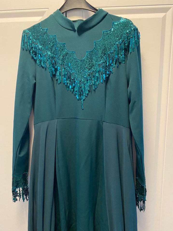 Uzun Turkuaz Drapeli  Abiye Elbise - Görsel 2