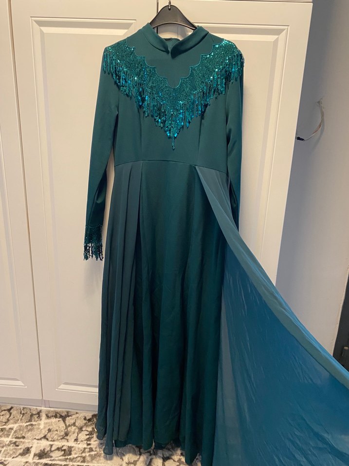 Uzun Turkuaz Drapeli  Abiye Elbise - Görsel 3