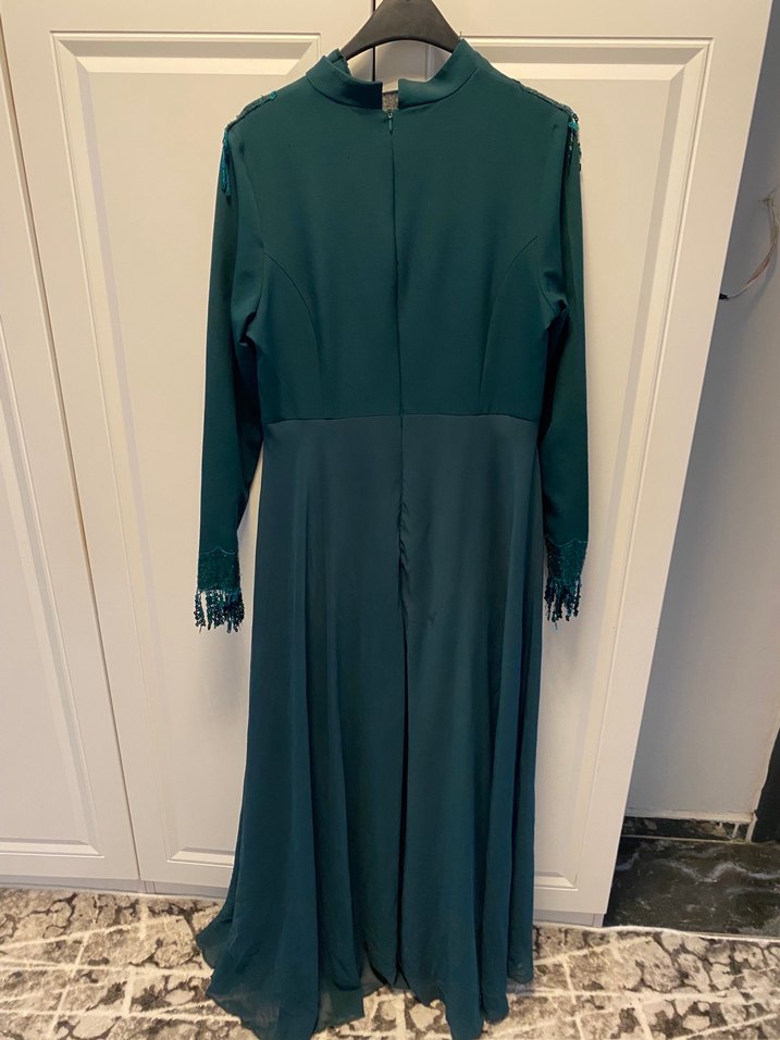 Uzun Turkuaz Drapeli  Abiye Elbise - Görsel 4