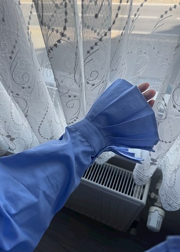 38 Beden mavi Renk Mavi Pamuklu Yüksek Yakalı Salaş Gömlek