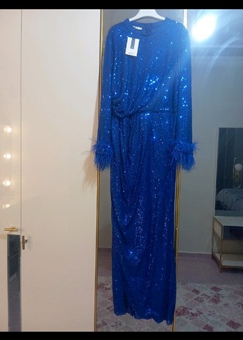 Mavi Uzun Kollu Drapeli Abiye Elbise - Görsel 2