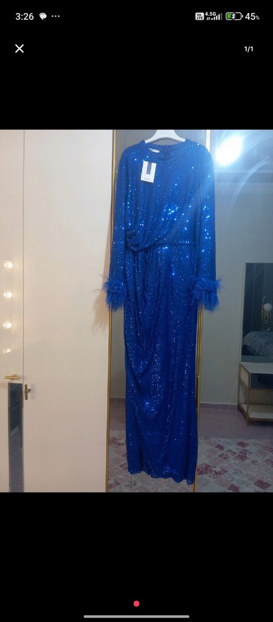 Mavi Uzun Kollu Drapeli Abiye Elbise - Görsel 2