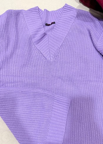 Kadın Mor V Yakalı Örgü Süveter - Görsel 2
