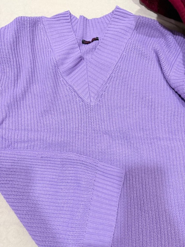 Kadın Mor V Yakalı Örgü Süveter - Görsel 2