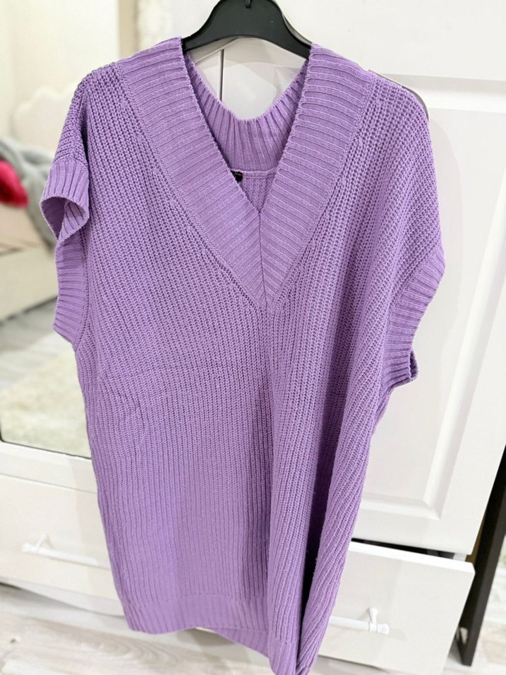 Kadın Mor V Yakalı Örgü Süveter - Görsel 4